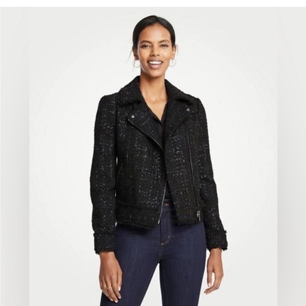 ANN TAYLOR Black Shimmer Metallic Tweed Fringe Moto Jacket/Blazer size 4.